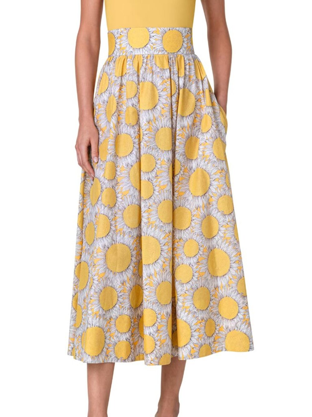 Akris Punto Sunflower Hello Sunshine Midi Skirt Yellow Floral Print Cotton 6